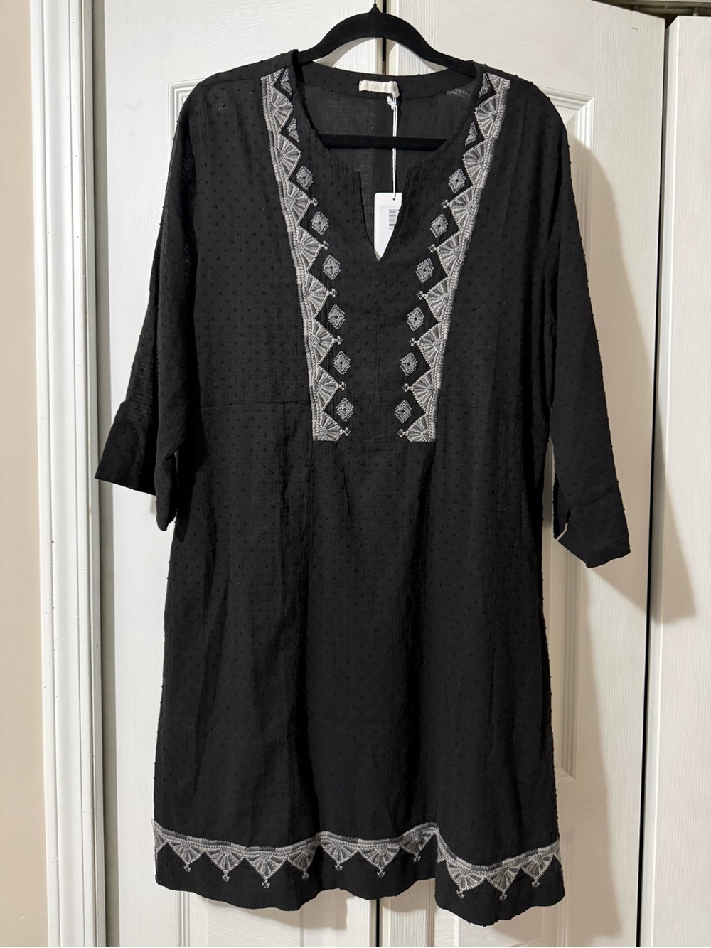 Johnny Was Swiss Dot Cotton Black Embroidered Dobby Princess Seam Dress w/ Slip